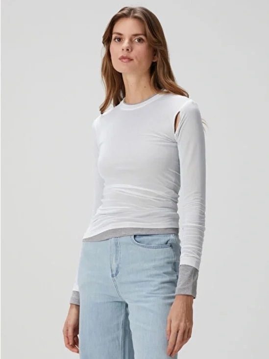 CHRISTOPHER ESBER Sheer Overlay T Shirt White Long Sleeve Womens Size 6 - Picture 7 of 15